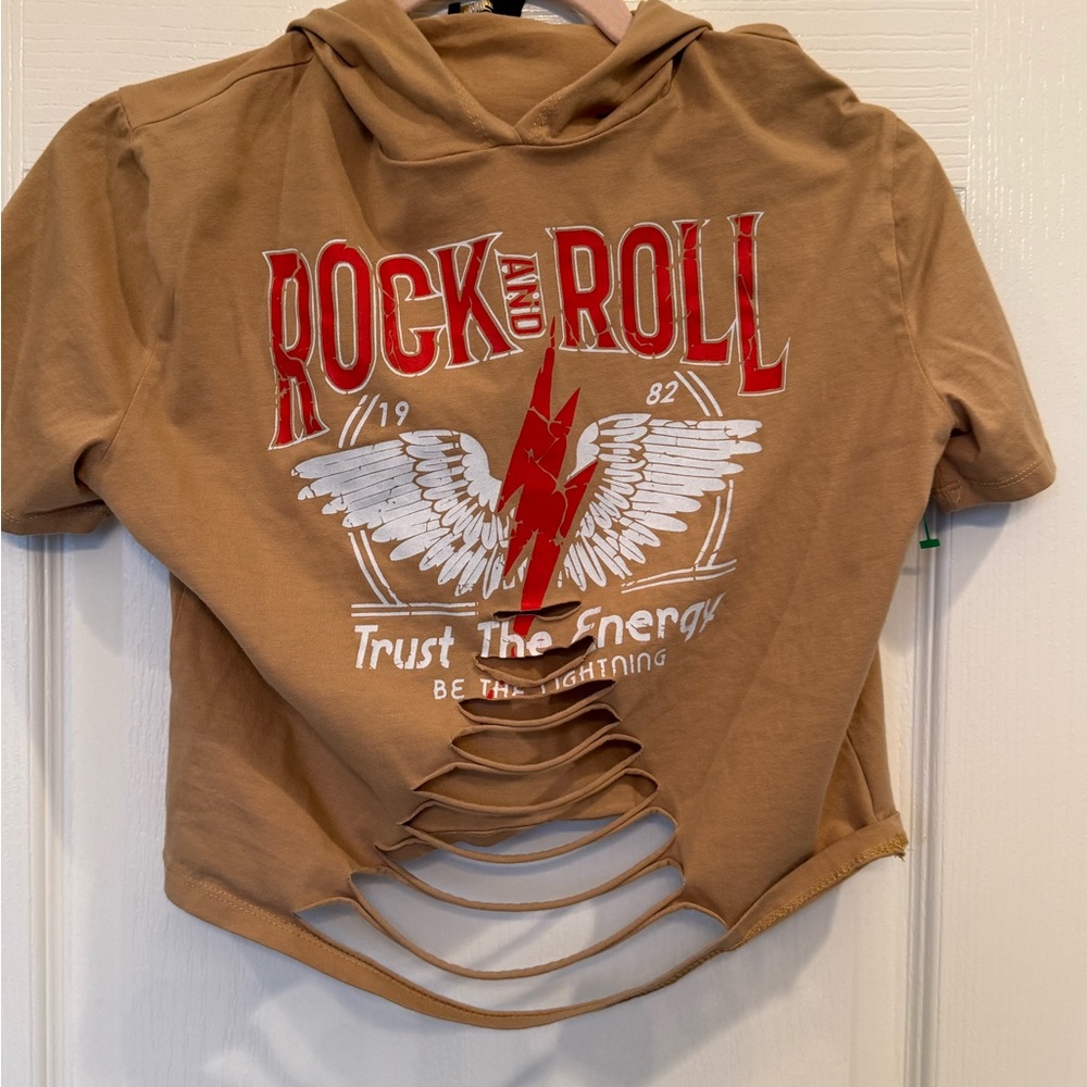 Rock and Roll Tan Hoodie Crop Top